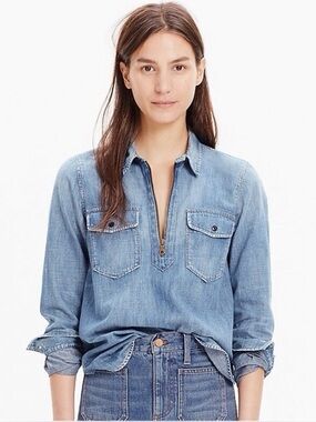 Madewell Denim Chambray Popover Half Zip Denim Shirt Light Wash Distressed  XS